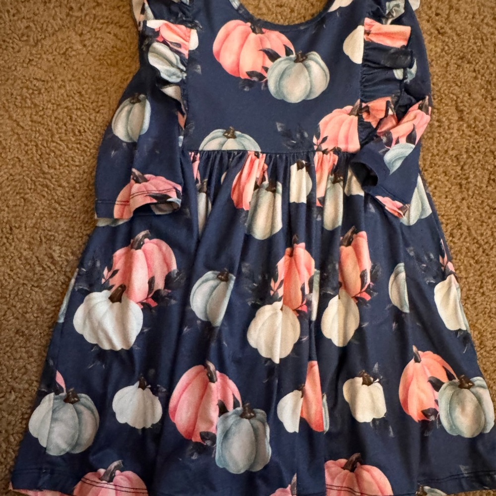 Adorable Pumpkin Print Kids Dress - Navy and Pink